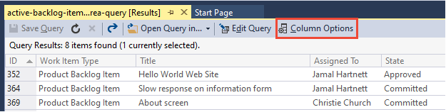 Schermata dei risultati della query, Visual Studio, opzioni colonna aperte.