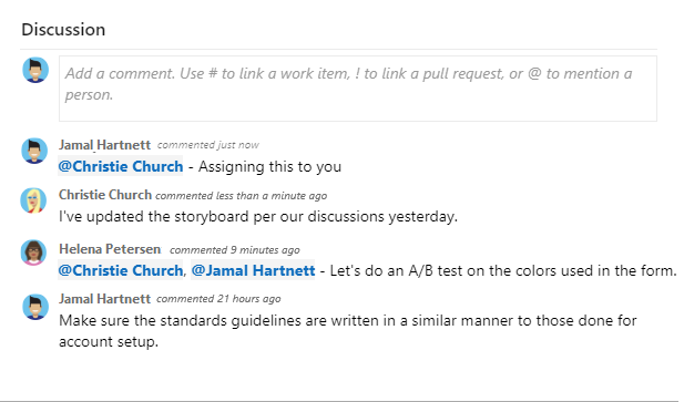Screenshot della sezione Discussione all'interno di un formulario di un elemento di lavoro.