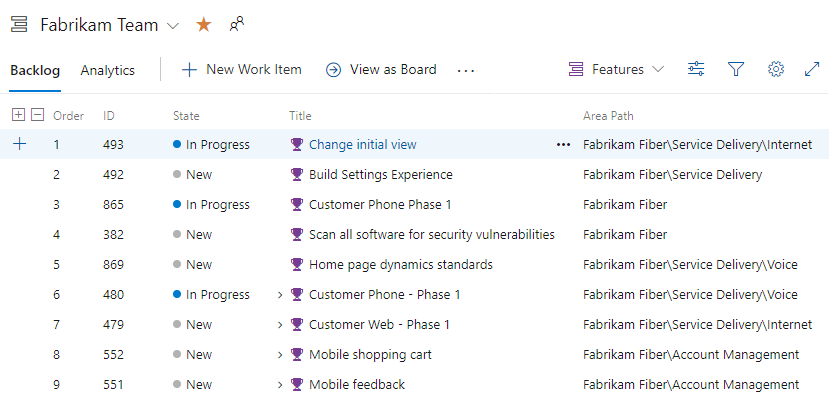 Screenshot del backlog delle funzionalità di portfolio.