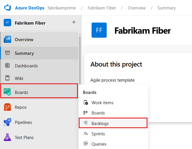 Screenshot delle selezioni Boards e del Backlog evidenziate.