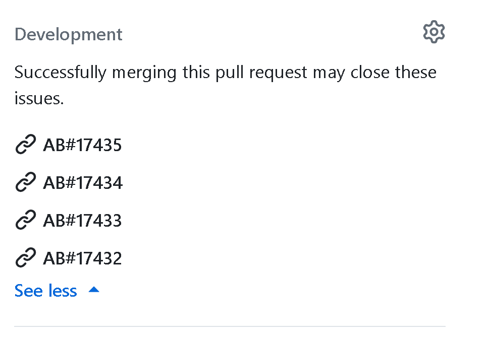 Screenshot dei collegamenti AB# nella sezione sviluppo della pull request di GitHub.