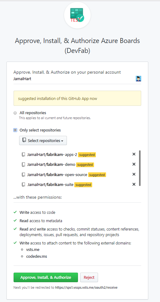 Screenshot che mostra la conferma dei repository GitHub.
