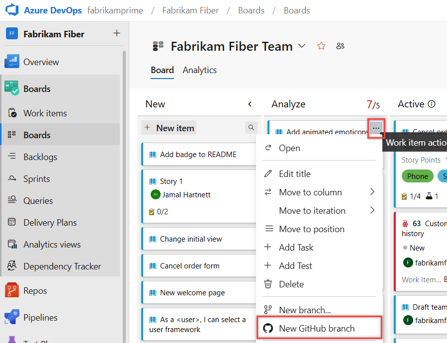 Screenshot dell'elemento di lavoro con l'opzione Altre azioni selezionata e l'opzione Nuovo ramo GitHub evidenziata.
