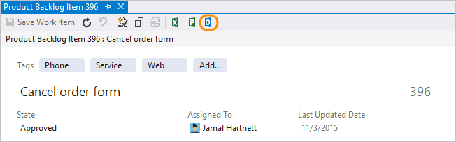 Screenshot dell'elemento di lavoro e-mail su server Azure DevOps locale.