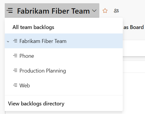 Screenshot del selettore di team. Sono elencati alcuni team ed è disponibile anche un'opzione per visualizzare la directory dei backlog.