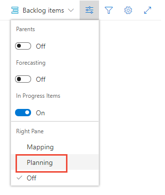 Screenshot delle opzioni di visualizzazione Backlog con Pianificazione selezionata.