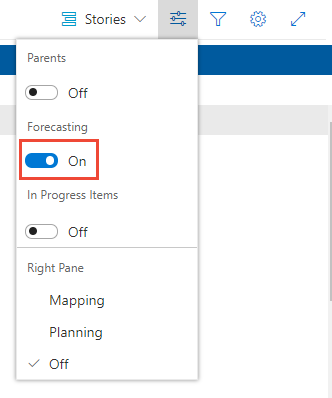 Tavole Backlog>, menu delle opzioni di visualizzazione, Previsioni attive