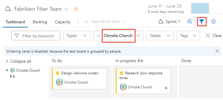 Screenshot della Taskboard, Filtro sulle attività di un membro specifico del team.