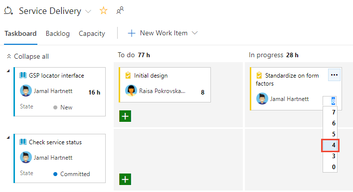 Screenshot di Taskboard, aggiorna il lavoro rimanente.