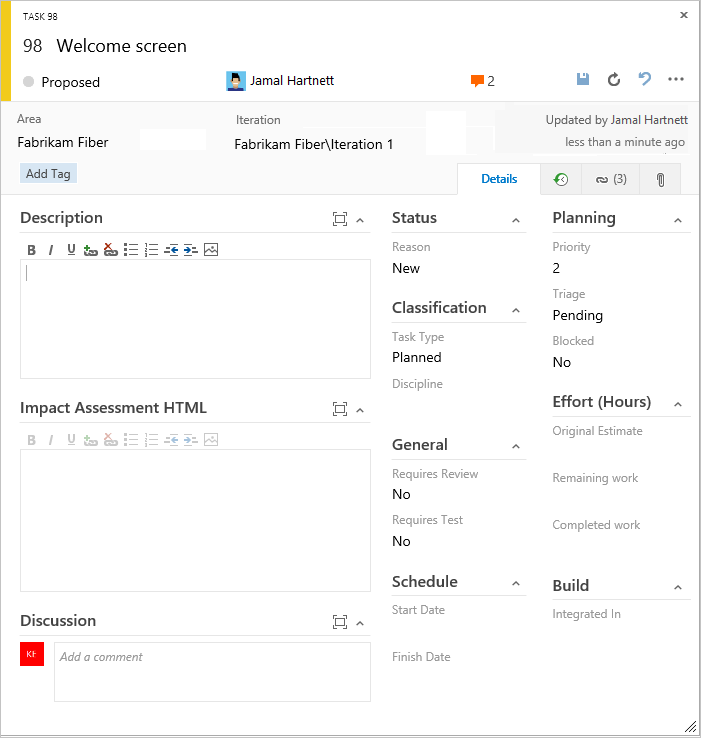 Screenshot del modulo dell'Attività, elemento di lavoro, processo CMMI.