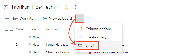 Screenshot del backlog, del menu di scelta rapida, dell'opzione Email..., TFS 2018 e versioni successive.