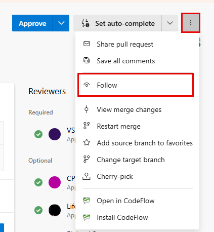 Richiesta pull, menu di scelta rapida, opzione Segui icona