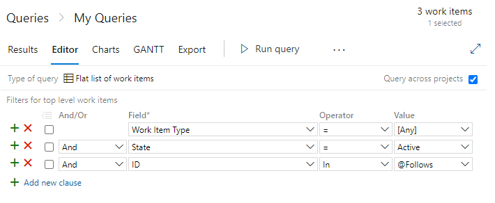 Editor di query, con ID nella clausola di query @Follows