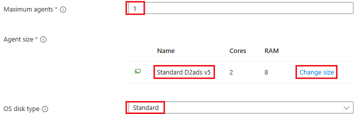 Screenshot delle dimensioni dell'agente, del numero e del tipo di disco del sistema operativo.