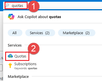 Screenshot della ricerca delle quote nel portale di Azure.