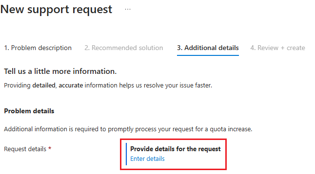 Screenshot di una nuova richiesta di quota di supporto.