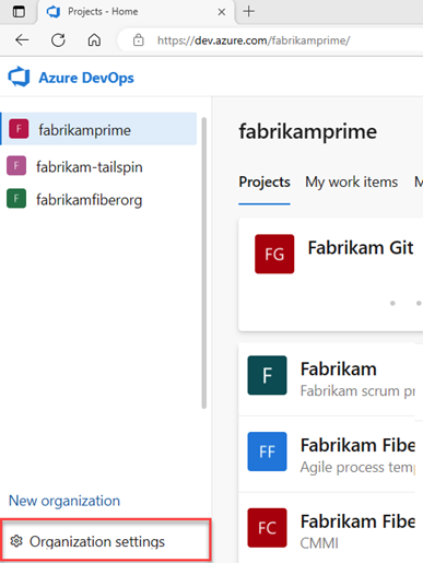 Screenshot del pulsante delle Impostazioni dell'organizzazione evidenziato.