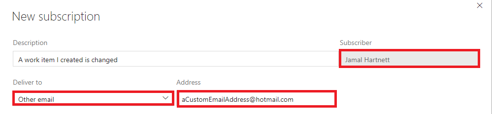 Screenshot che mostra come configurare un indirizzo di posta elettronica personalizzato per una sottoscrizione personale.