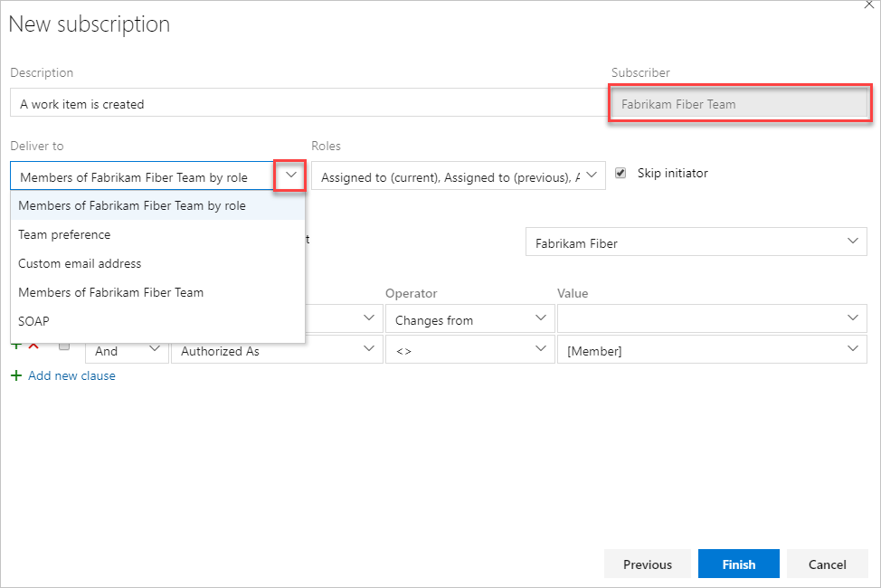 Screenshot che mostra come configurare le opzioni di recapito tramite posta elettronica per un team personalizzato o una sottoscrizione di gruppo.