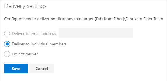 Screenshot della finestra di dialogo delle impostazioni di recapito del team che mostra le opzioni 