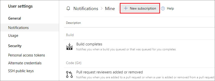 Screenshot che mostra come selezionare l'opzione Nuova sottoscrizione nelle versioni precedenti di Azure DevOps.