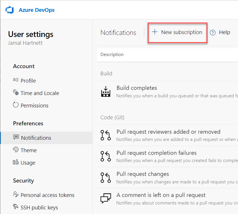 Screenshot che mostra come selezionare l'opzione Nuova sottoscrizione in Azure DevOps.