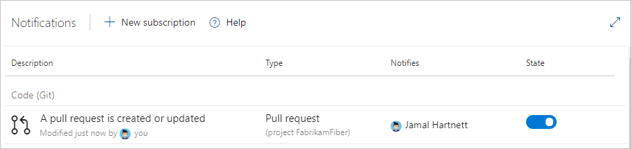 Screenshot che mostra la nuova sottoscrizione nell'elenco delle sottoscrizioni di notifica personali in Azure DevOps.