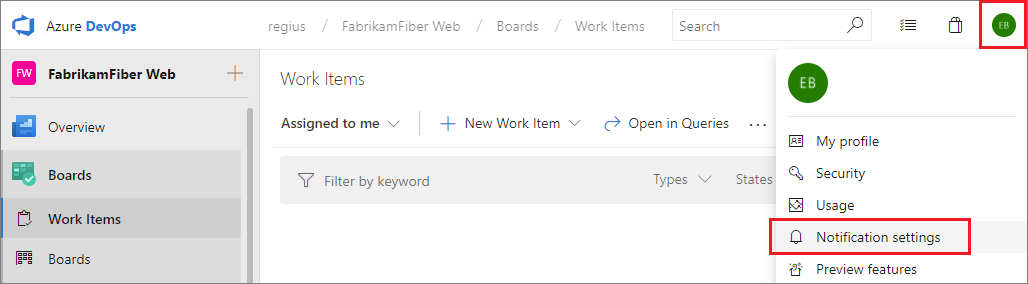 Screenshot che mostra come selezionare l'opzione Impostazioni utente, Notifiche nelle versioni precedenti di Azure DevOps.