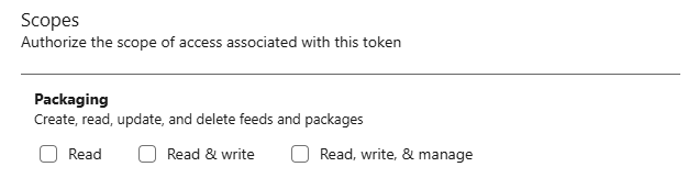 Screenshot degli ambiti di creazione dei pacchetti disponibili solo nell'opzione Crea un nuovo token di accesso personale modale.