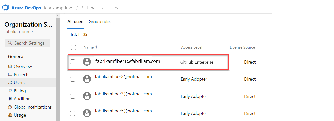 Screenshot che mostra GitHub Enterprise elencato come livello di accesso dell'utente in Impostazioni organizzazione, pagina Utenti.
