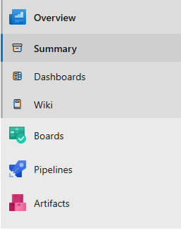 Screenshot che mostra la navigazione con Panoramica, Dashboard, Wiki, Boards e Pipelines, ma senza hub Repos o Piani di Test.