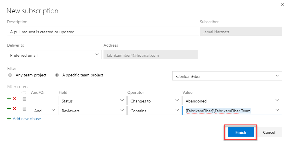 Screenshot che mostra come configurare i dettagli per una nuova sottoscrizione di notifica, inclusi l'indirizzo di posta elettronica del contatto e altri criteri di campo.