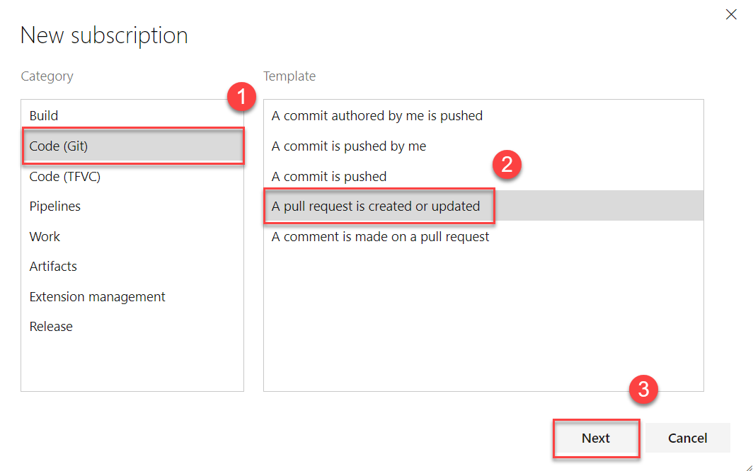 Screenshot che mostra come selezionare la categoria e il tipo di modello per una nuova sottoscrizione di notifica in Azure DevOps.