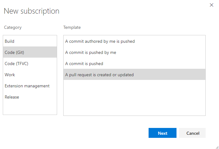 Screenshot che mostra come selezionare la categoria e il tipo di modello per una nuova sottoscrizione di notifica nelle versioni precedenti di Azure DevOps.