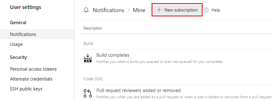 Screenshot che mostra come selezionare l'opzione Nuova sottoscrizione nelle versioni precedenti di Azure DevOps.