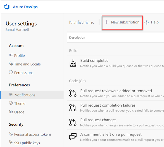 Screenshot che mostra come selezionare l'opzione Nuova sottoscrizione in Azure DevOps.
