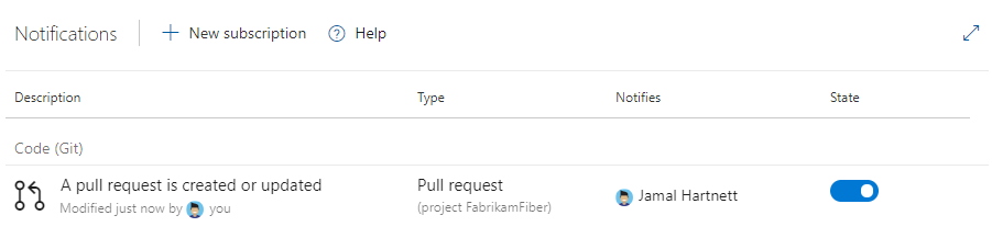 Screenshot che mostra la nuova sottoscrizione nell'elenco delle sottoscrizioni di notifica personali in Azure DevOps.