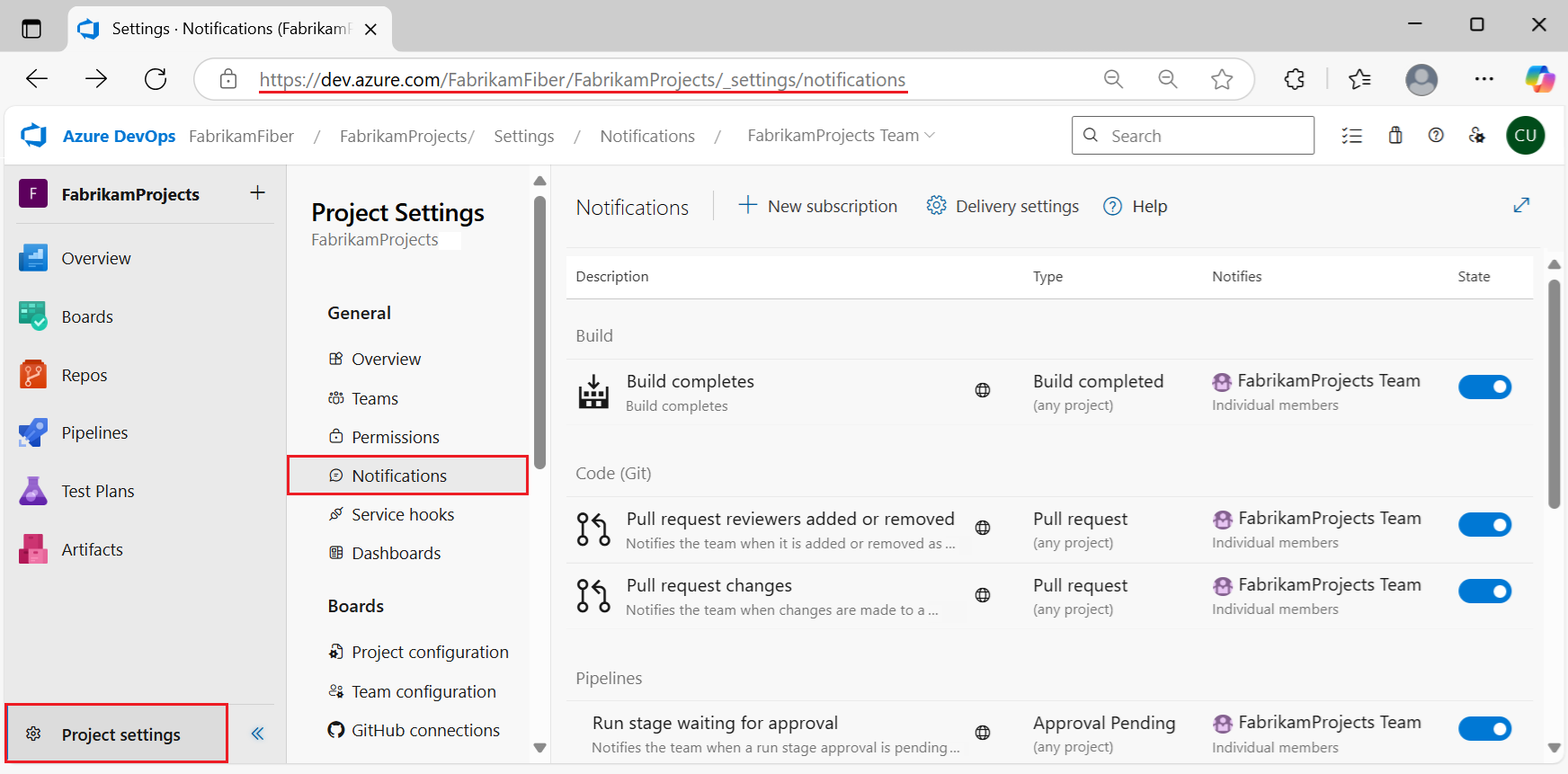 Screenshot della pagina Impostazioni progetto, Notifiche team in Azure DevOps.