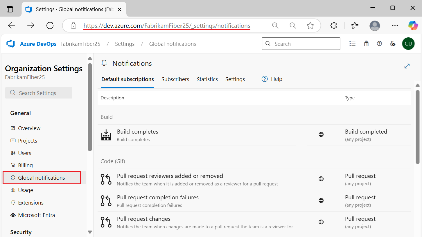 Screenshot che mostra come aprire la pagina Notifiche globali in Azure DevOps usando un URL per l'organizzazione.