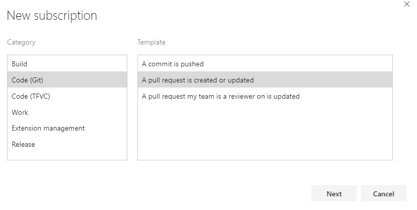 Screenshot che mostra come selezionare la categoria di eventi e il modello nelle versioni precedenti di Azure DevOps.