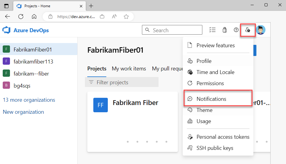Screenshot che mostra come selezionare l'opzione Impostazioni utente, Notifiche in Azure DevOps.