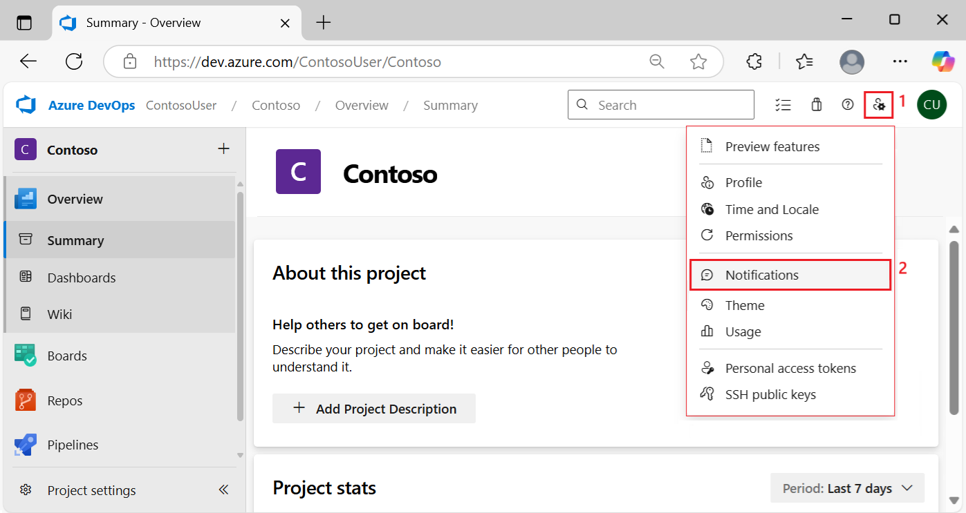 Screenshot che mostra come aprire la pagina delle notifiche personali in Azure DevOps.