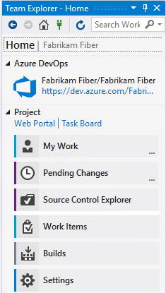 Screenshot della home page di Team Explorer w/ TFVC come controllo del codice sorgente.