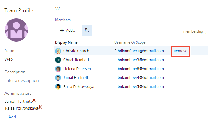 Screenshot della pagina del profilo del team, rimuovere un membro del team.