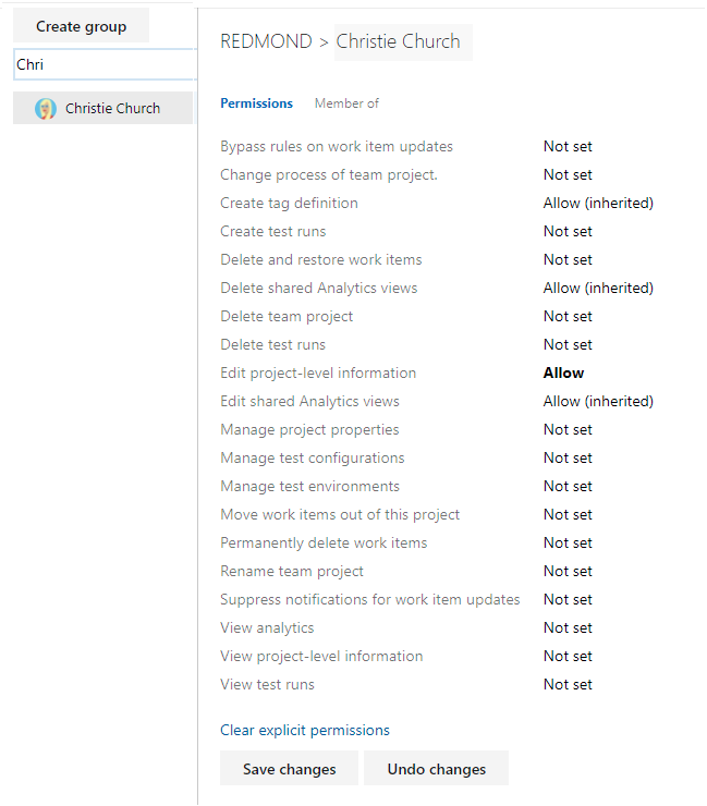 Screenshot dell'utente selezionato, modifica il livello di permesso per le informazioni a livello di progetto.