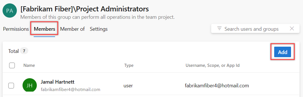 Screenshot che mostra le impostazioni del progetto > autorizzazioni, Aggiungi membro.