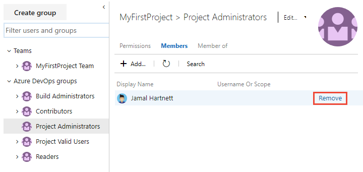 Screenshot della finestra di dialogo di conferma di rimozione utente, versioni locali on-premises.