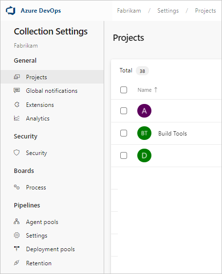 Screenshot delle opzioni delle impostazioni della Collection, versioni di Azure DevOps Server 2019-2020.