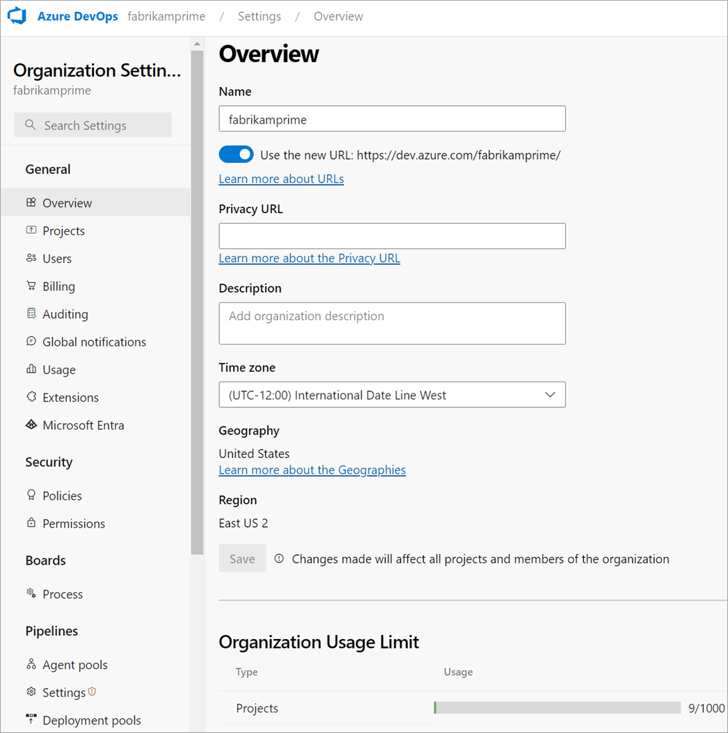 Screenshot delle impostazioni dell'organizzazione, opzioni cloud.