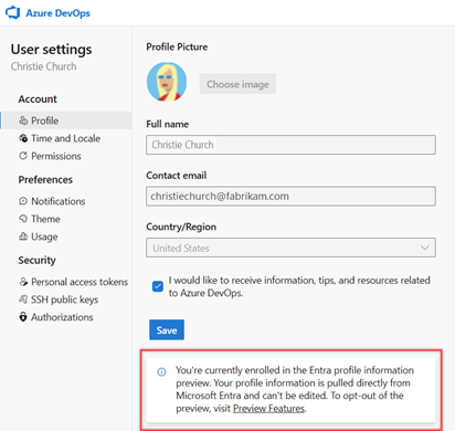 Screenshot che mostra le informazioni del profilo di Microsoft Entra nella pagina del profilo.
